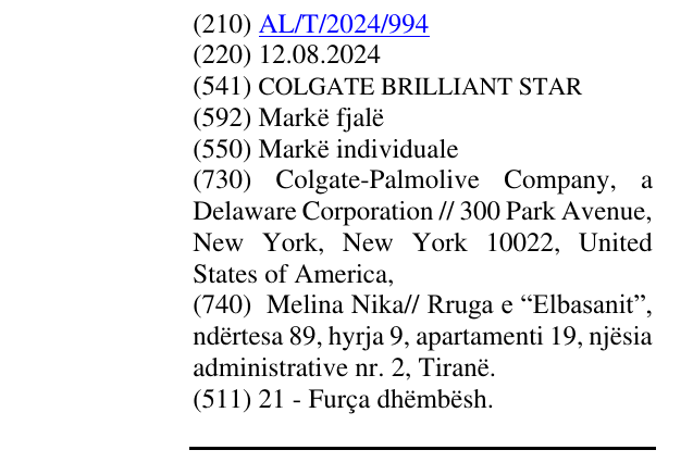 Zëri i markës COLGATE BRILLIANT STAR në buletin