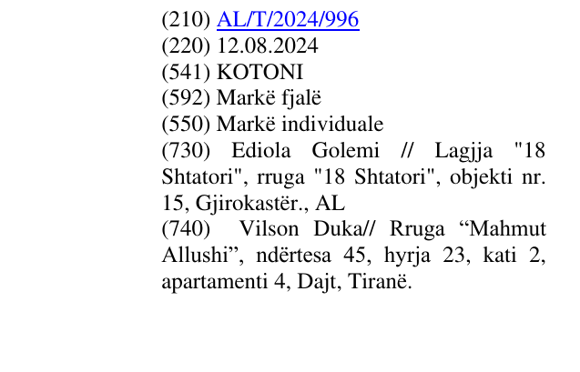 Zëri i markës KOTONI në buletin