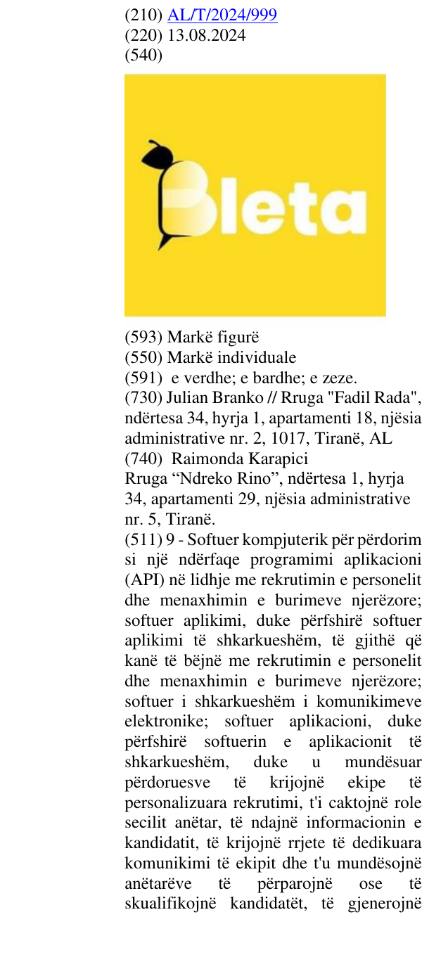 Zëri i markës BLETA në buletin