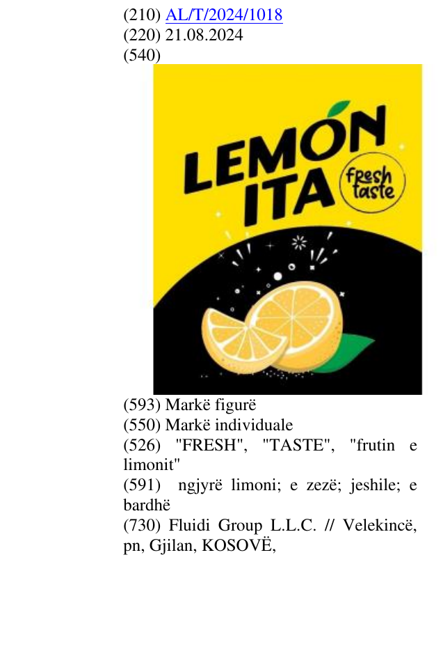 Zëri i markës "FRESH", "TASTE", "frutin e limonit" në buletin