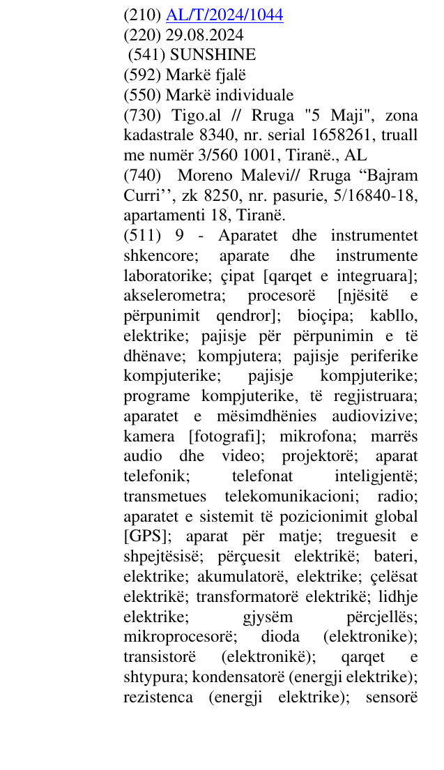 Zëri i markës SUNSHINE në buletin