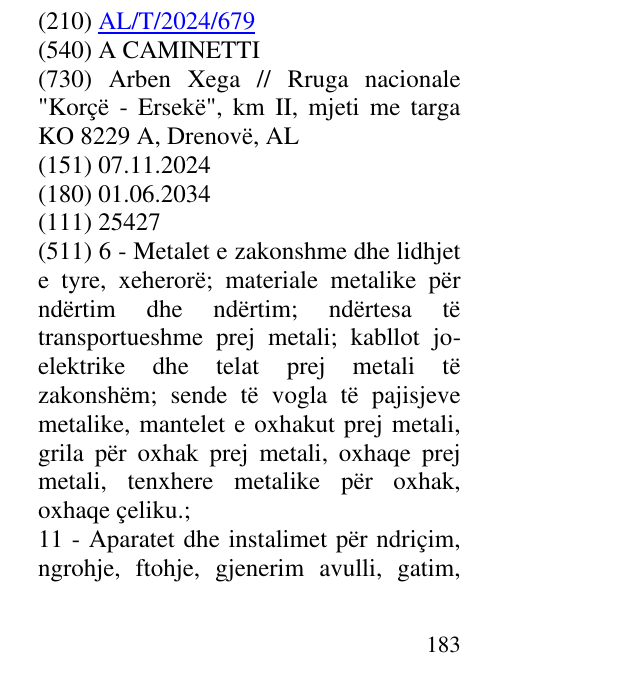 Zëri i markës A CAMINETTI në buletin