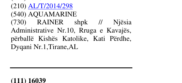 Zëri i markës AQUAMARINE në buletin
