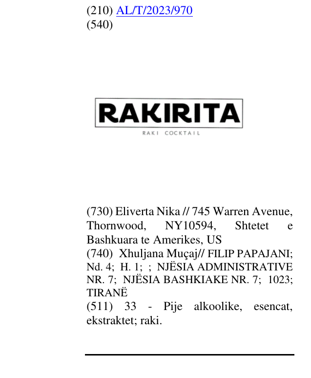 Zëri i markës RAKIRITA RAKI COCKTAIL në buletin