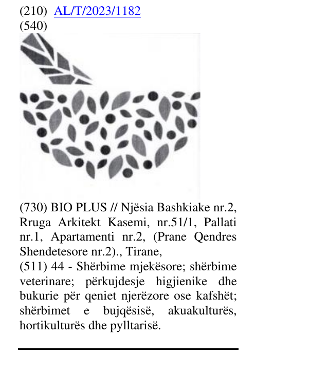 Zëri i markës AL/T/2023/1182 në buletin