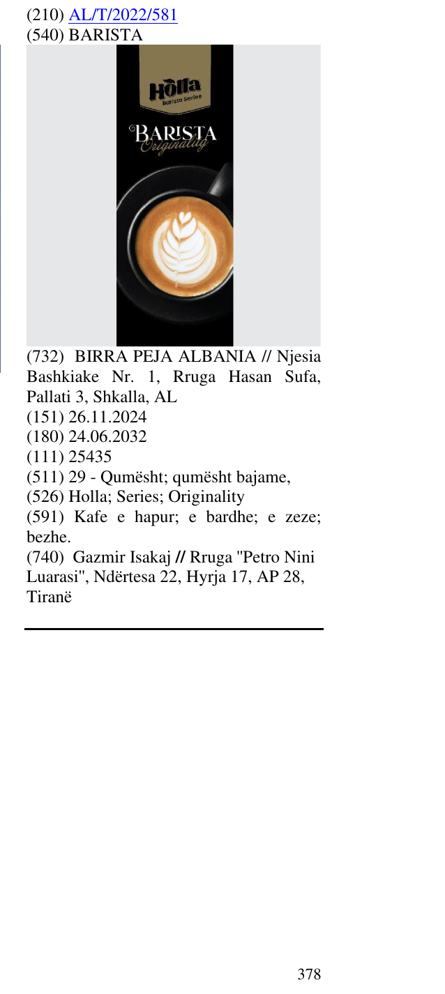 Zëri i markës BARISTA në buletin