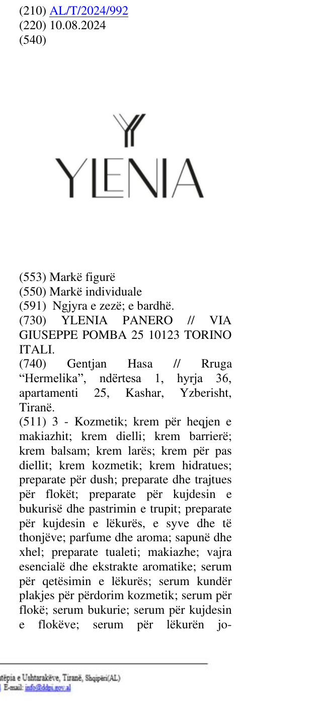 Zëri i markës Y YLENIA në buletin