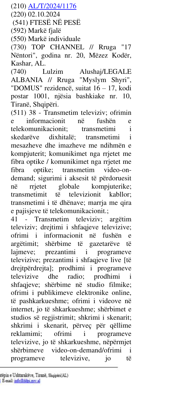 The entry of the trademark FTESË NË PESË in the bulletin