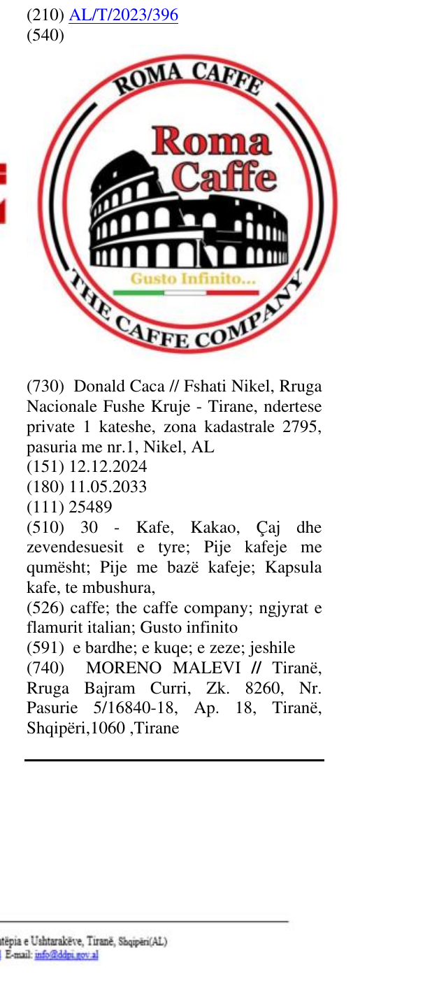 Zëri i markës caffe; the caffe company; ngjyrat e flamurit italian; Gusto infinito në buletin