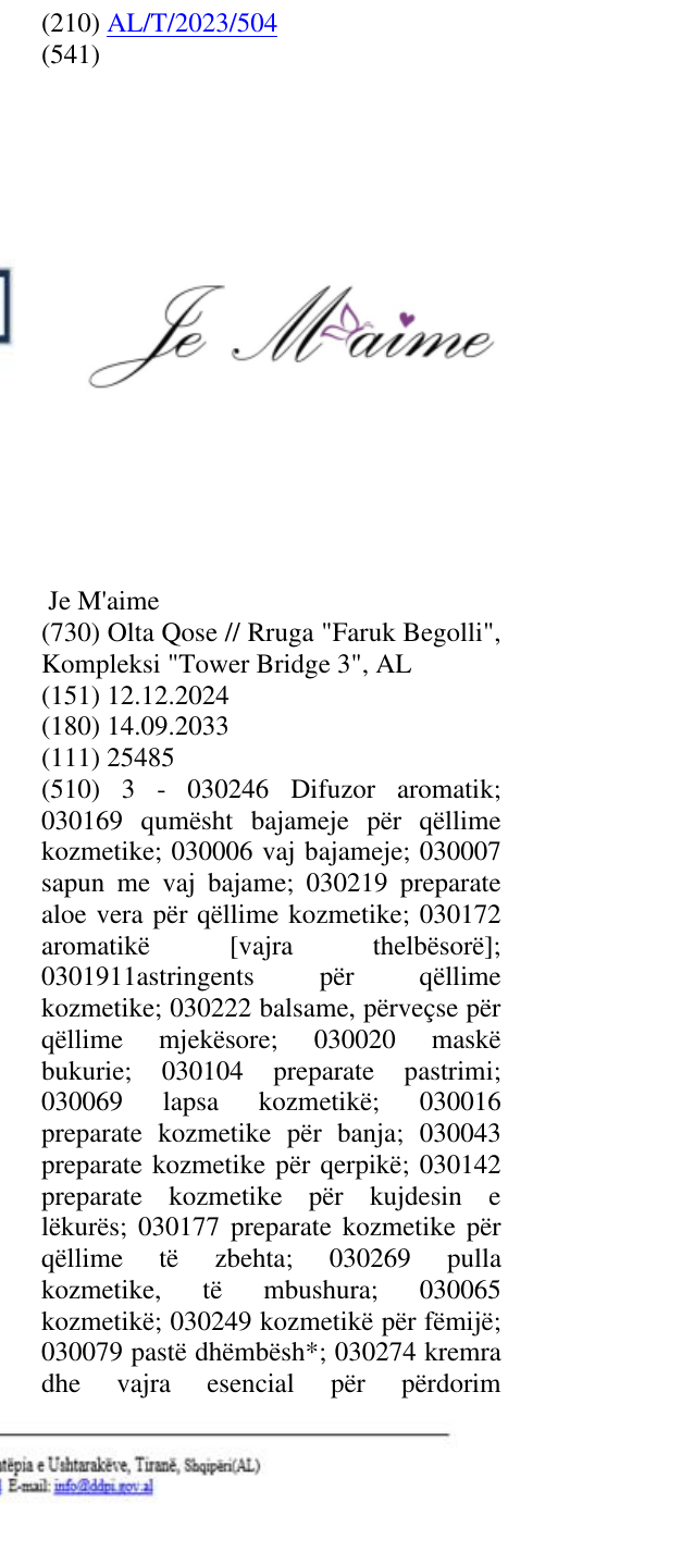 Zëri i markës Je M'aime në buletin