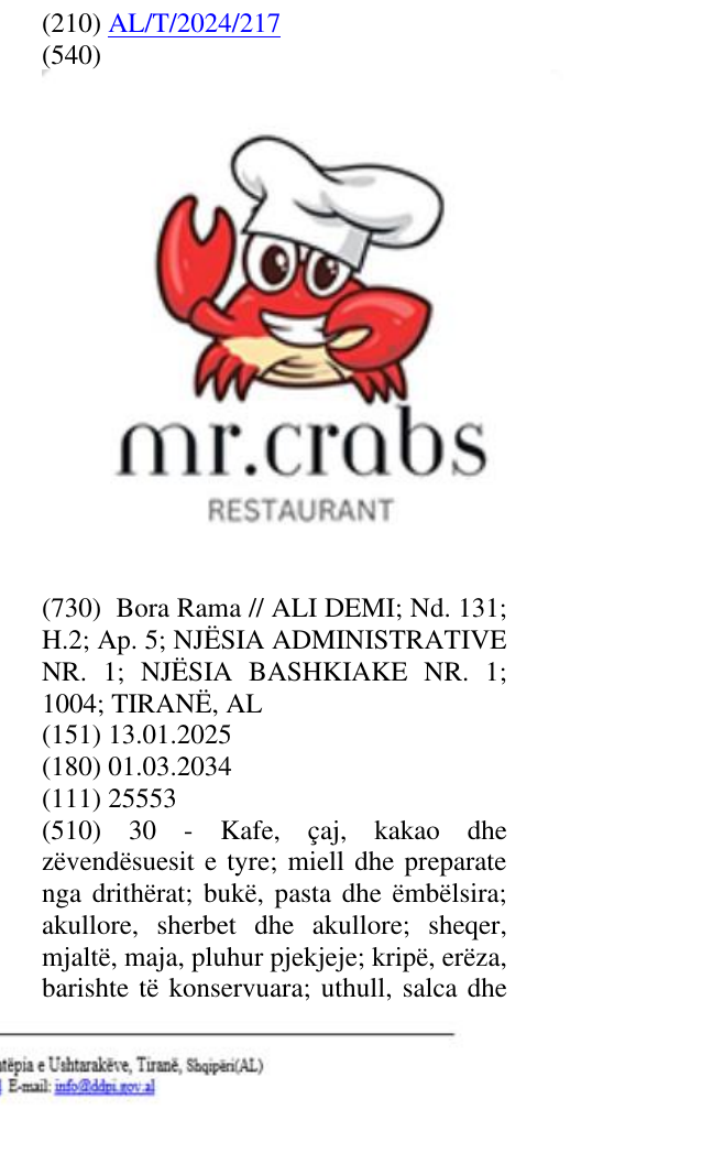 Zëri i markës RESTAURANT në buletin