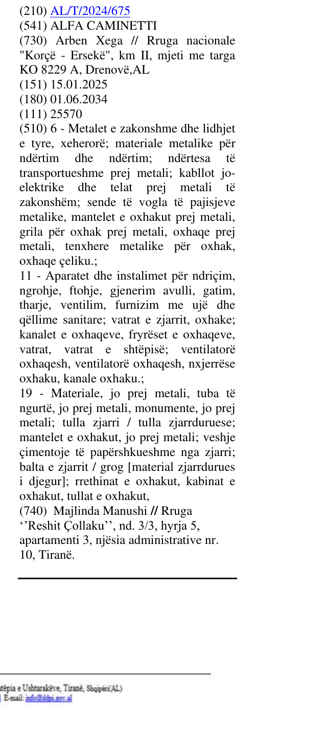 Zëri i markës ALFA CAMINETTI në buletin