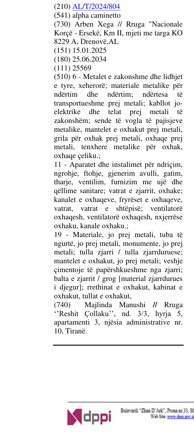 Zëri i markës alpha caminetto në buletin