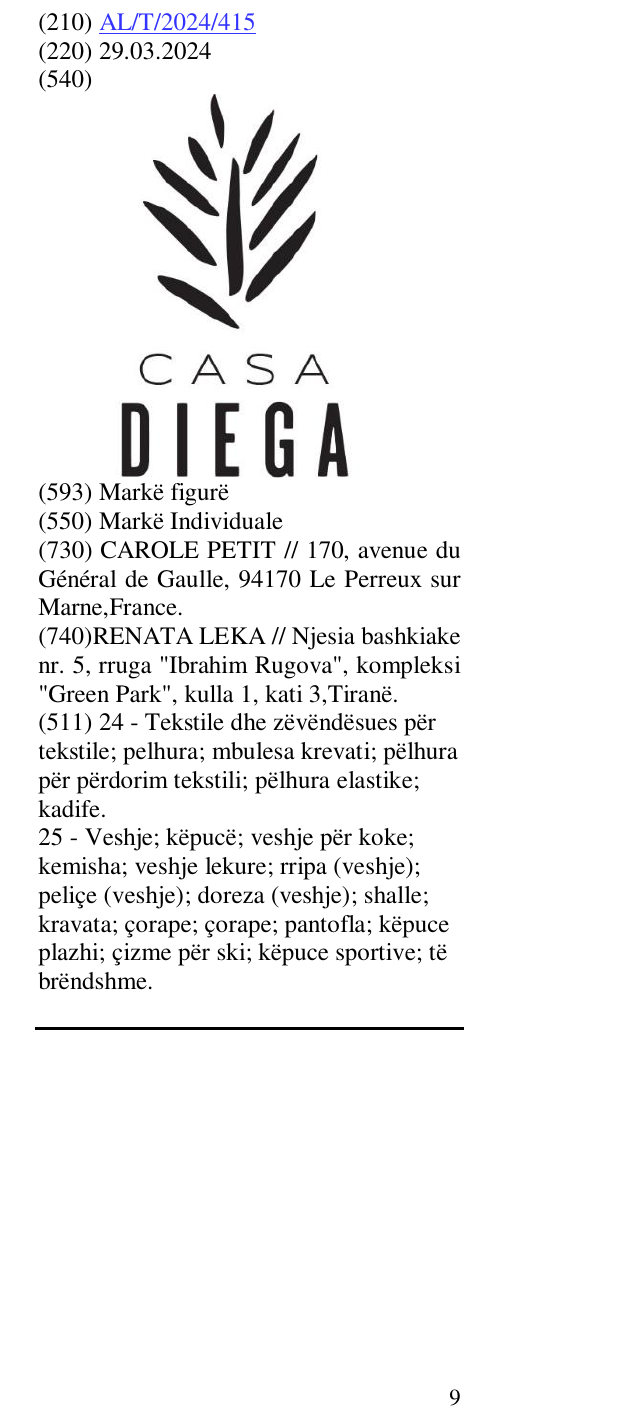 Zëri i markës CASA DIEGA në buletin