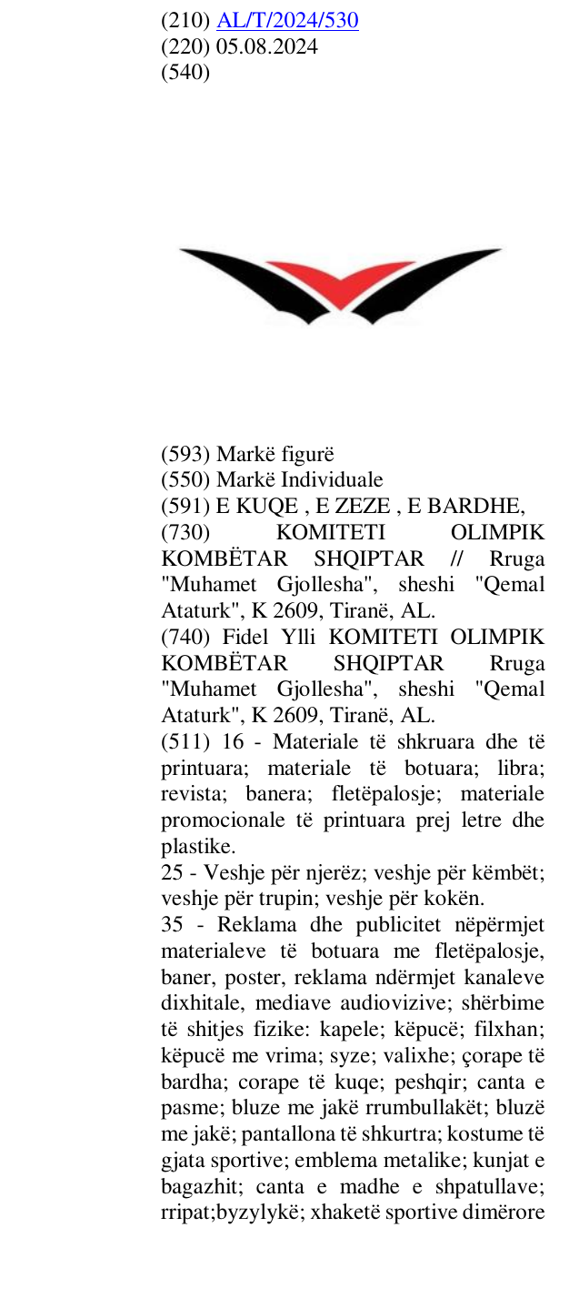 Zëri i markës AL/T/2024/530 në buletin
