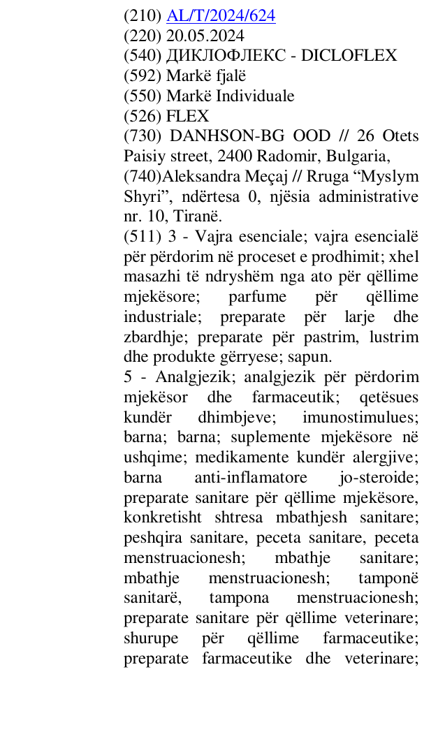 Zëri i markës ДИКЛОФЛЕКС - DICLOFLEX në buletin