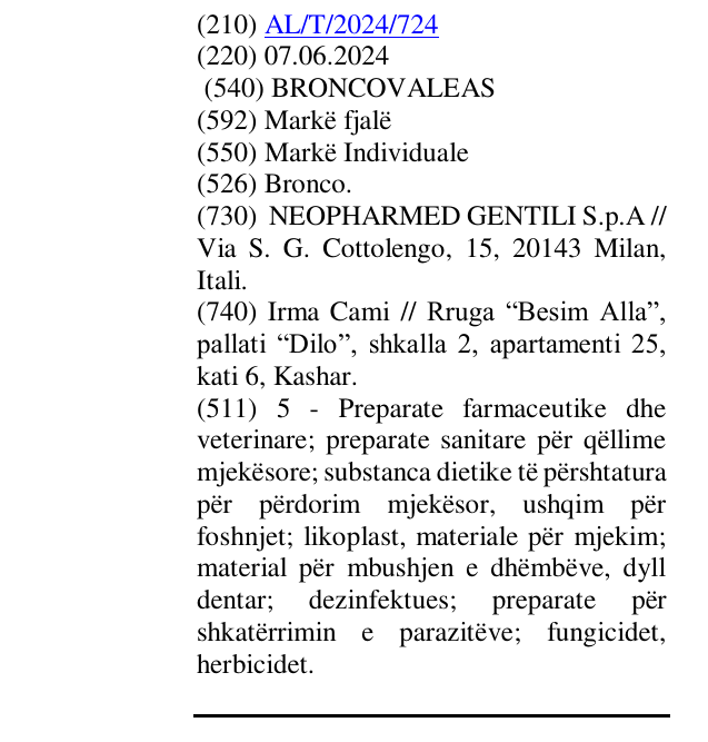 Zëri i markës BRONCOVALEAS në buletin