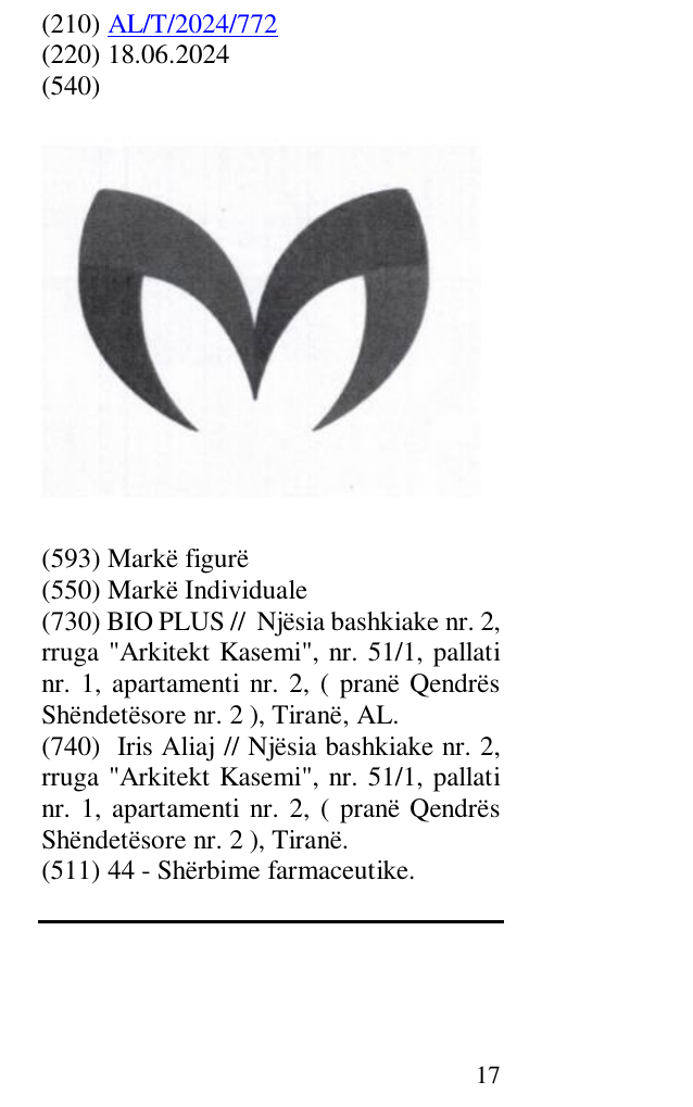 Zëri i markës AL/T/2024/772 në buletin