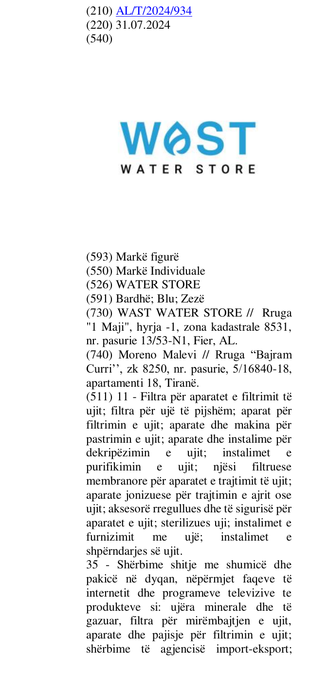 Zëri i markës WATER STORE në buletin