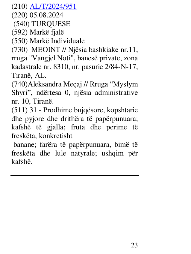 Zëri i markës TURQUESE në buletin