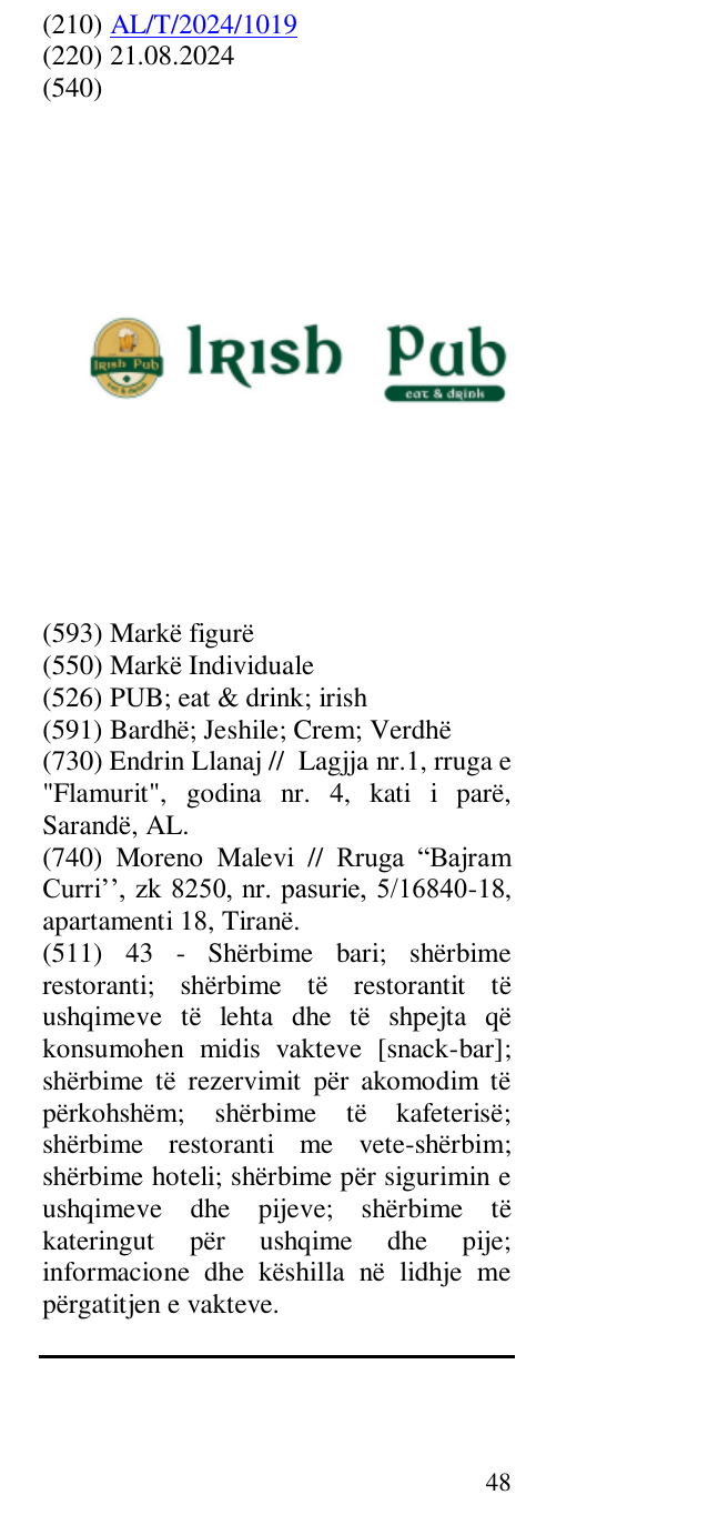 Zëri i markës PUB; eat & drink; irish në buletin