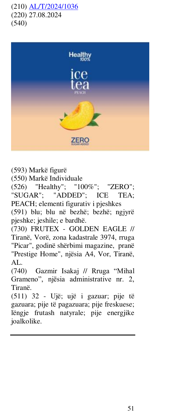 Zëri i markës "Healthy"; "100%"; "ZERO"; "SUGAR"; "ADDED"; ICE TEA; PEACH; elementi figurativ i pjeshkes në buletin