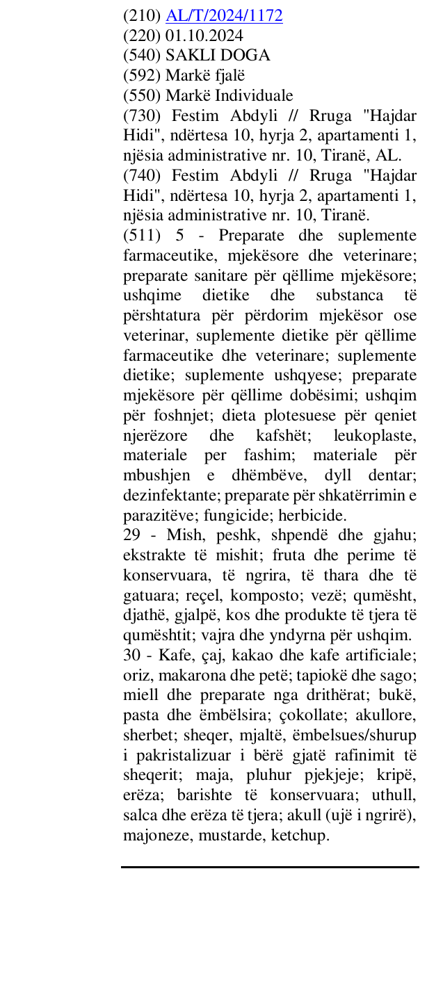 Zëri i markës SAKLI DOGA në buletin