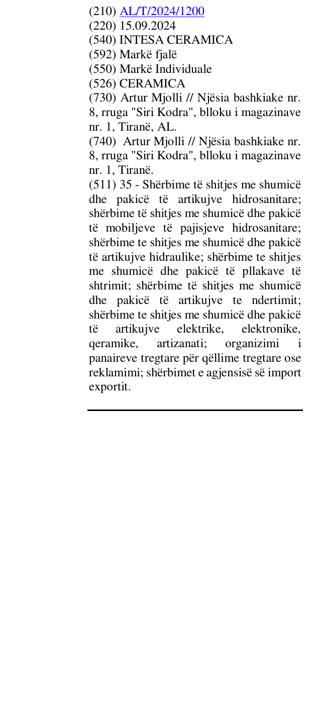 Zëri i markës INTESA CERAMICA në buletin