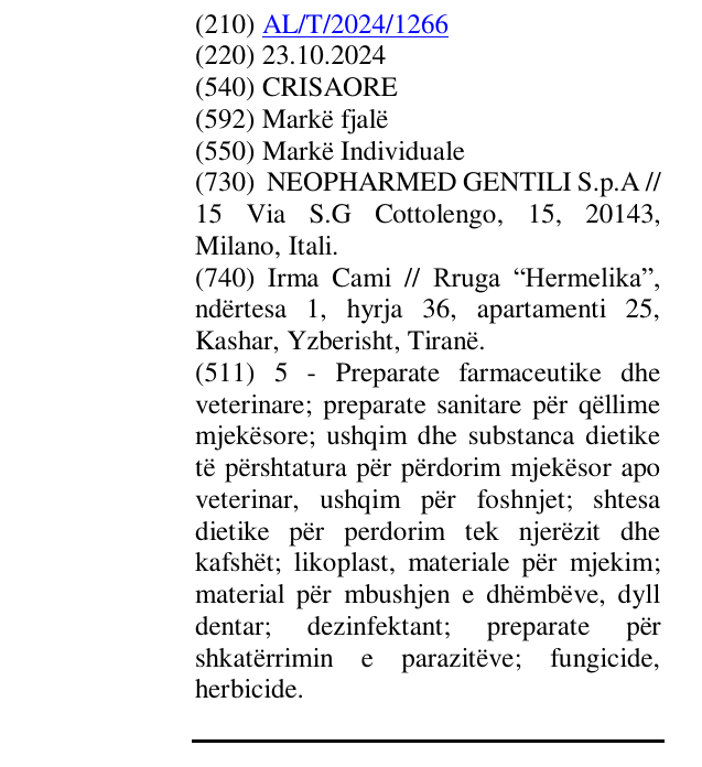 Zëri i markës CRISAORE në buletin