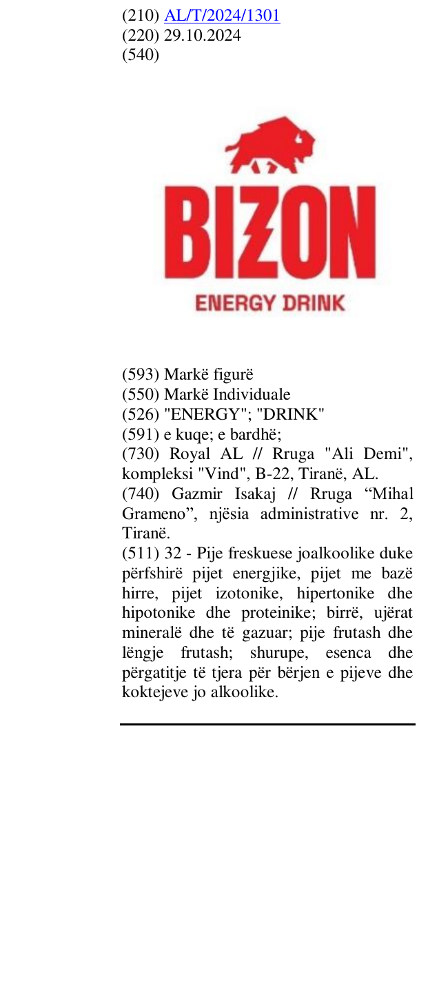 Zëri i markës "ENERGY"; "DRINK" në buletin