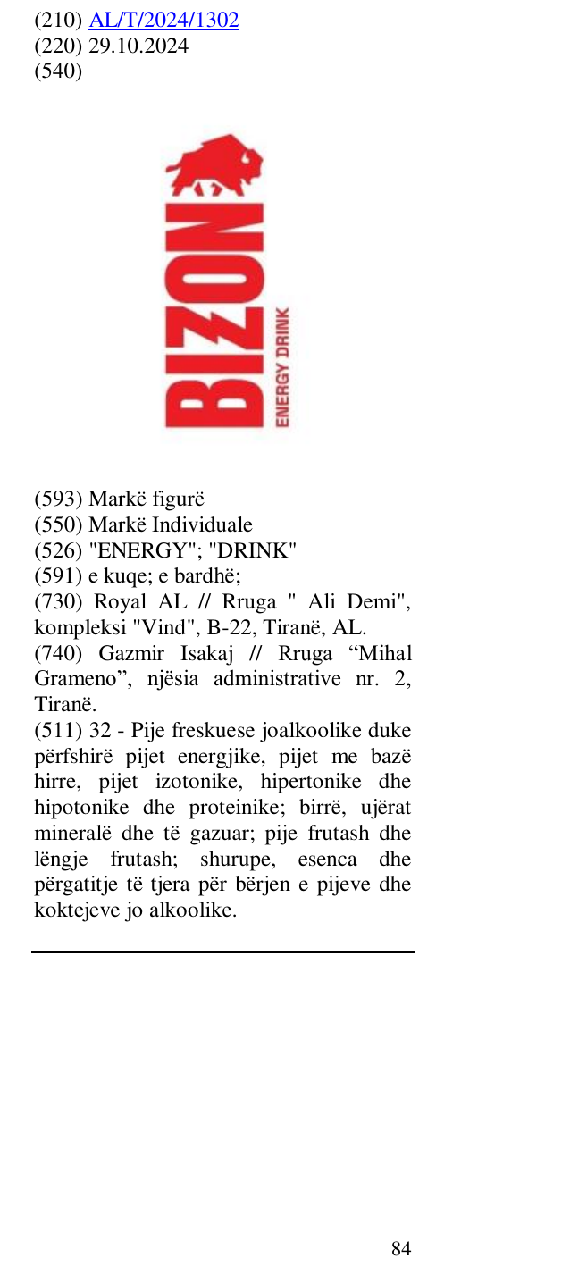 Zëri i markës "ENERGY"; "DRINK" në buletin