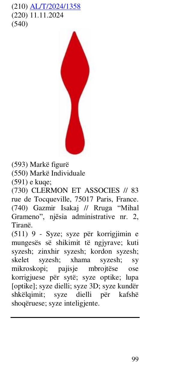 Zëri i markës AL/T/2024/1358 në buletin
