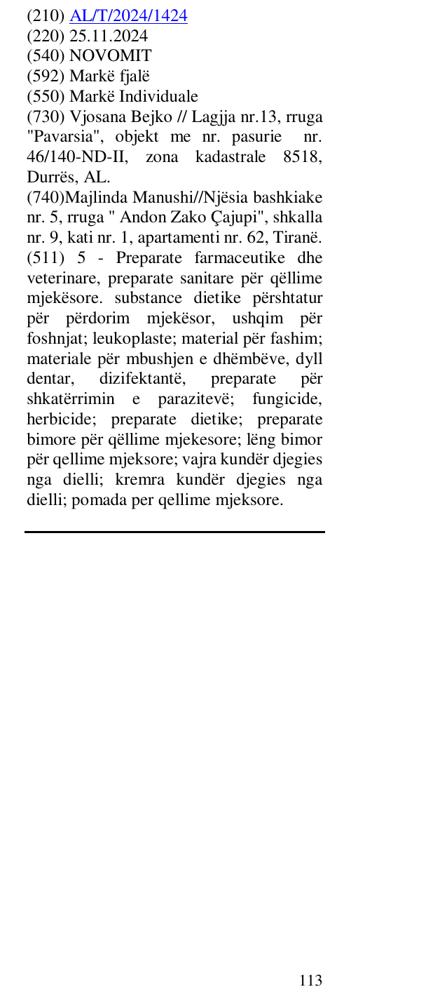Zëri i markës NOVOMIT në buletin