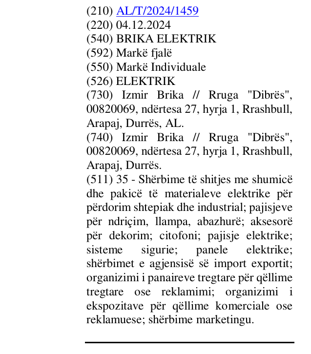 Zëri i markës BRIKA ELEKTRIK në buletin