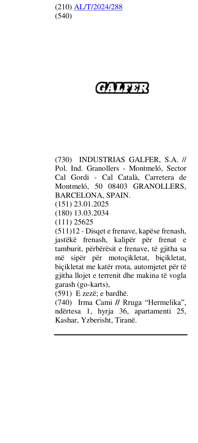 Zëri i markës GALFER në buletin