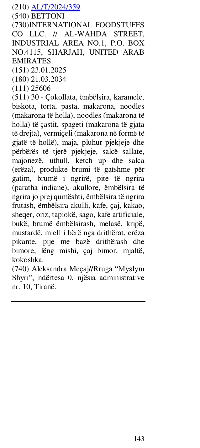 Zëri i markës BETTONI në buletin