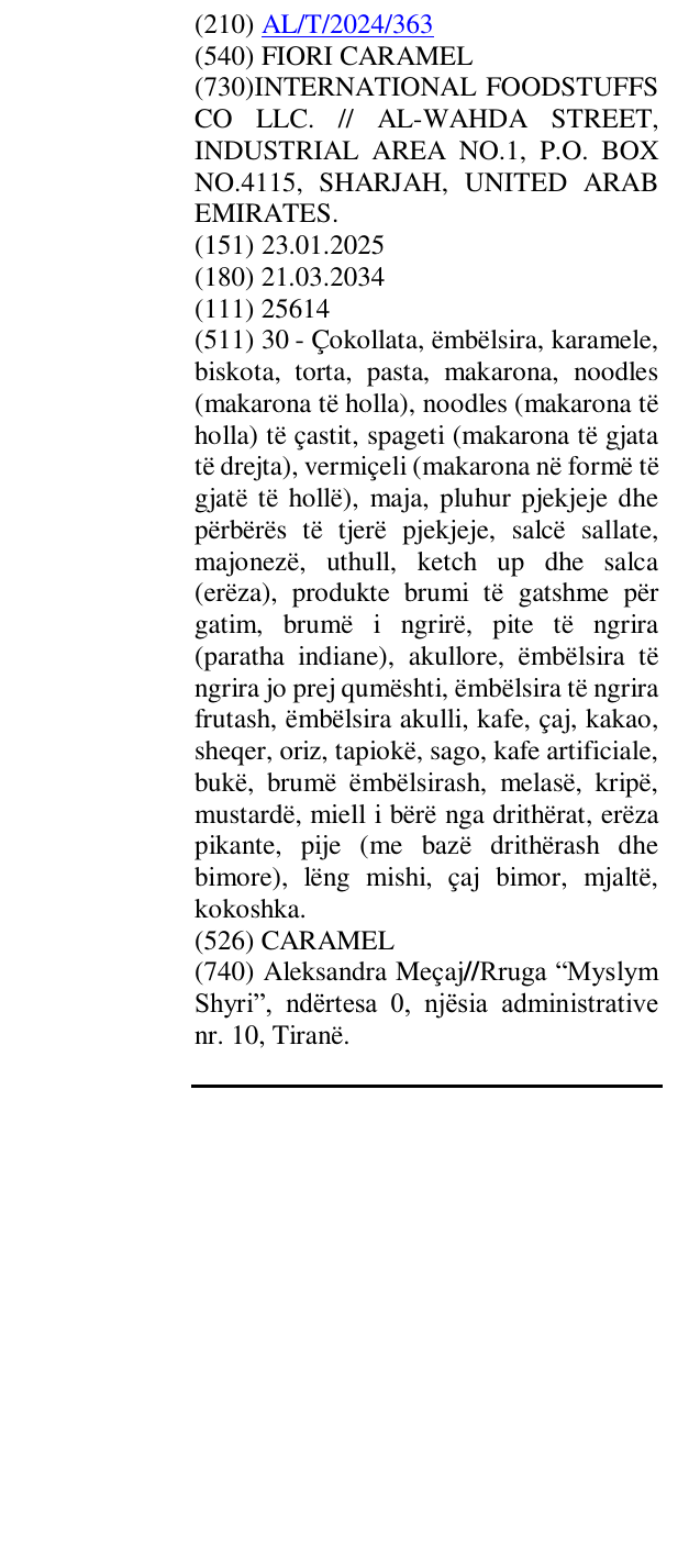 Zëri i markës FIORI CARAMEL në buletin