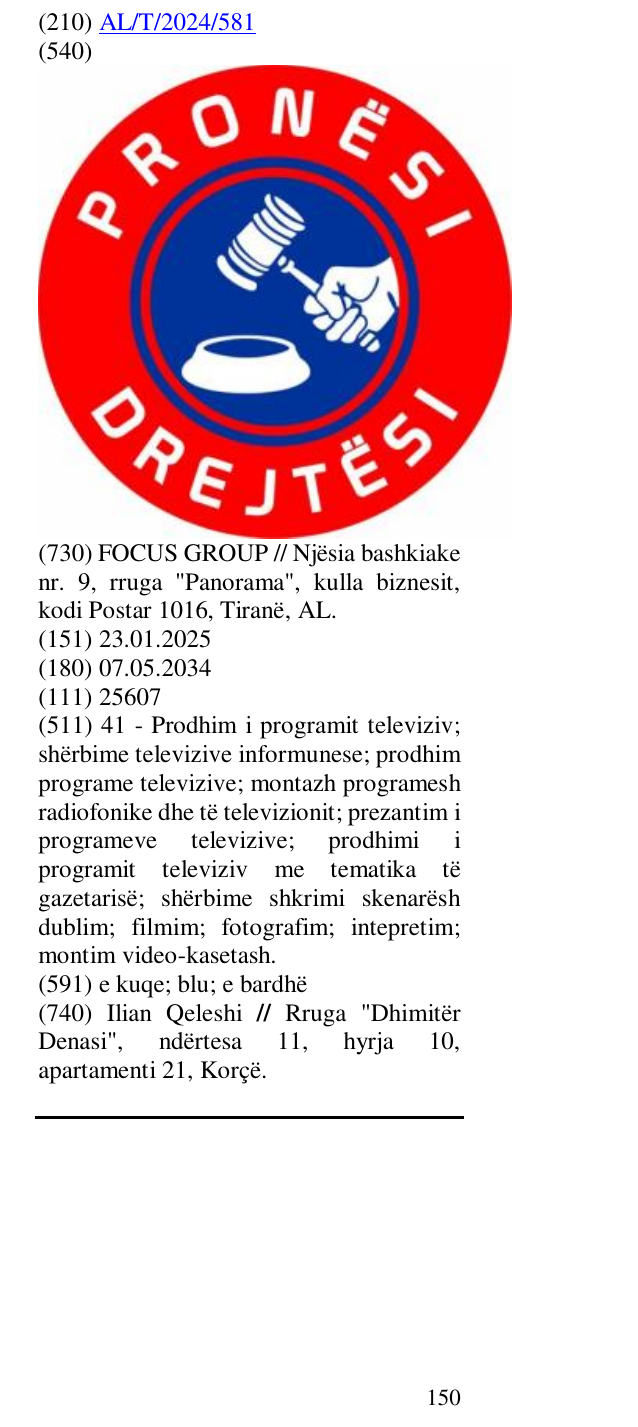 Zëri i markës PRONËSI DHE DREJTËSI në buletin