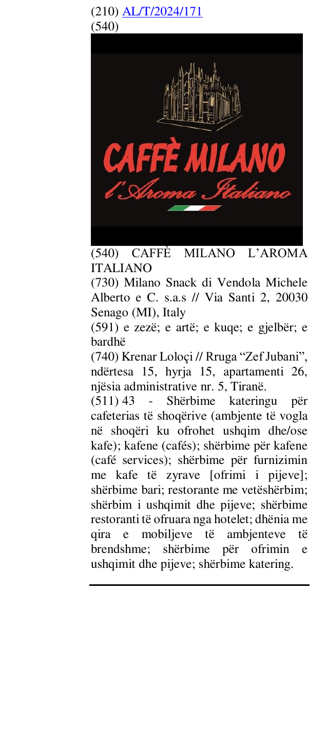 Zëri i markës CAFFÈ MILANO L’AROMA ITALIANO në buletin