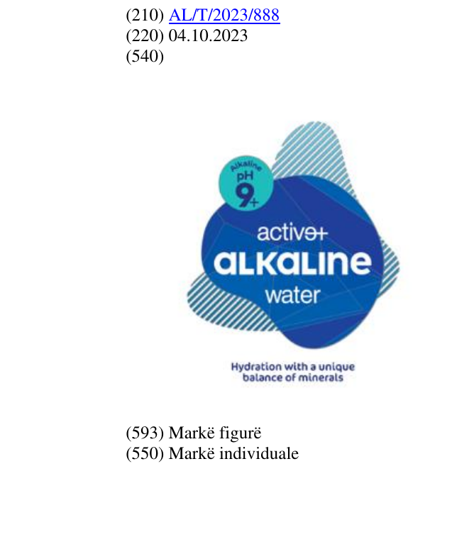 Zëri i markës “Alkaline”, “Water, active+”; “PH 9+”,"Hydration with a unique balance of minerals në buletin