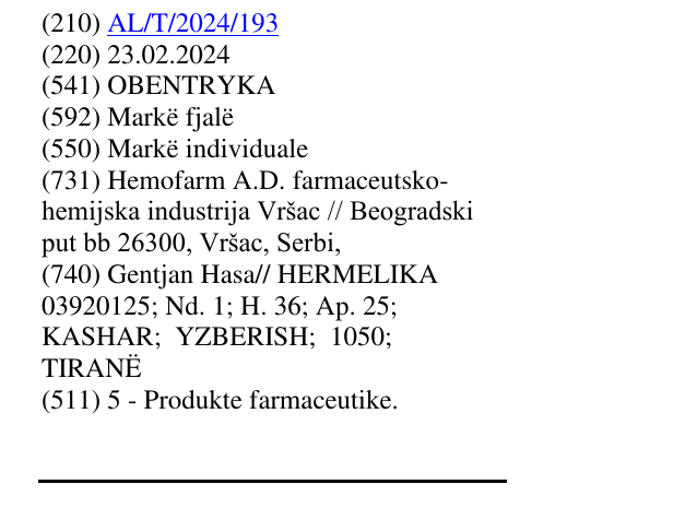 Zëri i markës OBENTRYKA në buletin