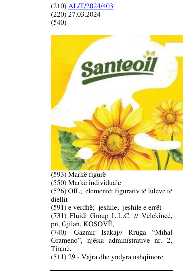 Zëri i markës OIL; elementët figurativ të luleve të diellit në buletin