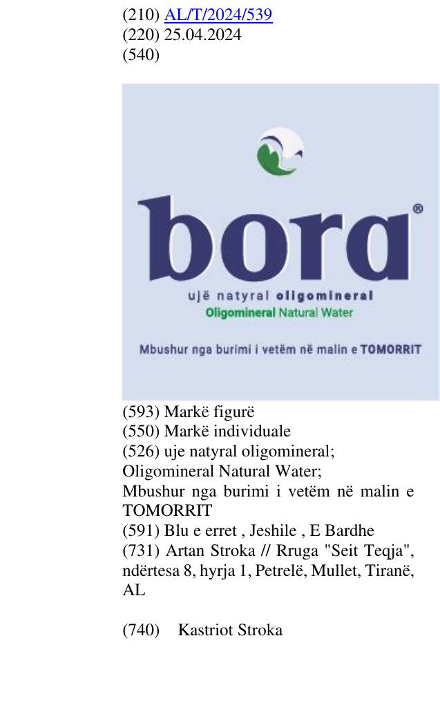 Zëri i markës uje natyral oligomineral; Oligomineral Natural Water; Mbushur nga burimi i vetëm në malin e TOMORRIT në buletin