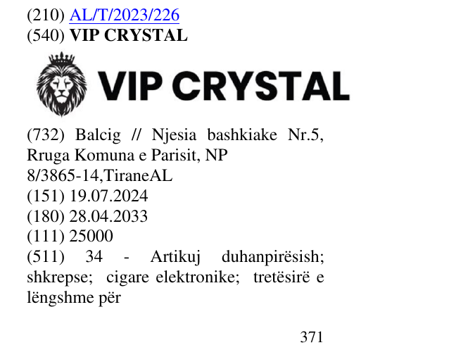 Zëri i markës VIP CRYSTAL në buletin