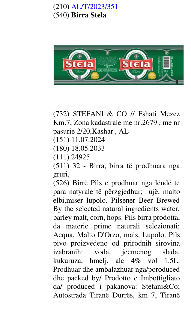 Zëri i markës Birra Stela në buletin