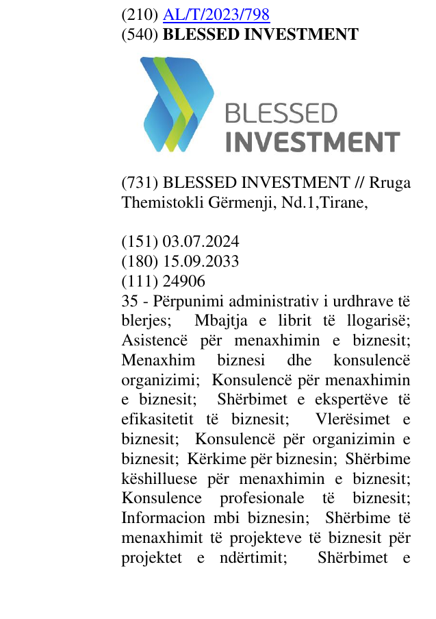Zëri i markës BLESSED INVESTMENT në buletin