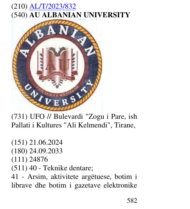 Zëri i markës AU ALBANIAN UNIVERSITY në buletin