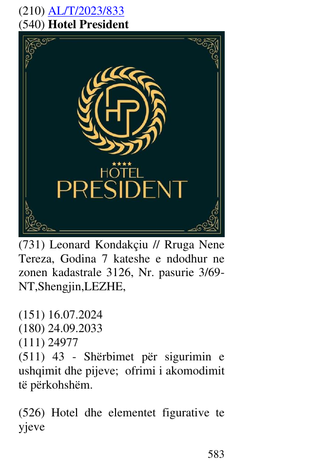 Zëri i markës Hotel President në buletin