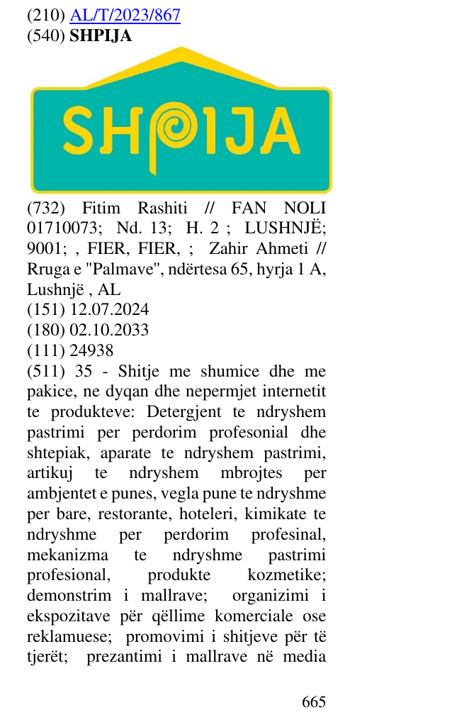 Zëri i markës SHPIJA në buletin