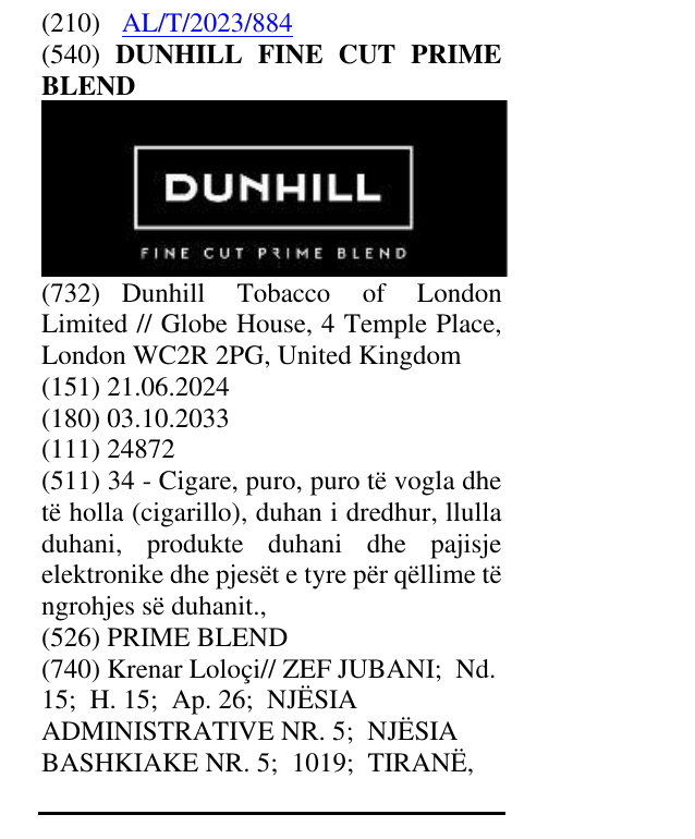 Zëri i markës DUNHILL FINE CUT PRIME BLEND në buletin